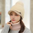 thumbnail image 3 of 2 Pcs/Set Hat Scarf Set Knitted Plush Ball Decor Solid Color Knitted Elastic Soft Thermal Windproof Wide Brim Baseball Hat Neck Wrap Neck Warmer Cap Set, 3 of 10
