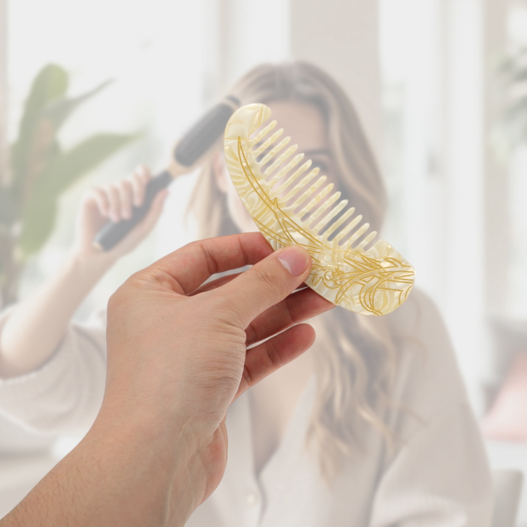 Unique Bargains 1 Pc Floral Half Round Hair Comb for All Hair Types Styles Yellow