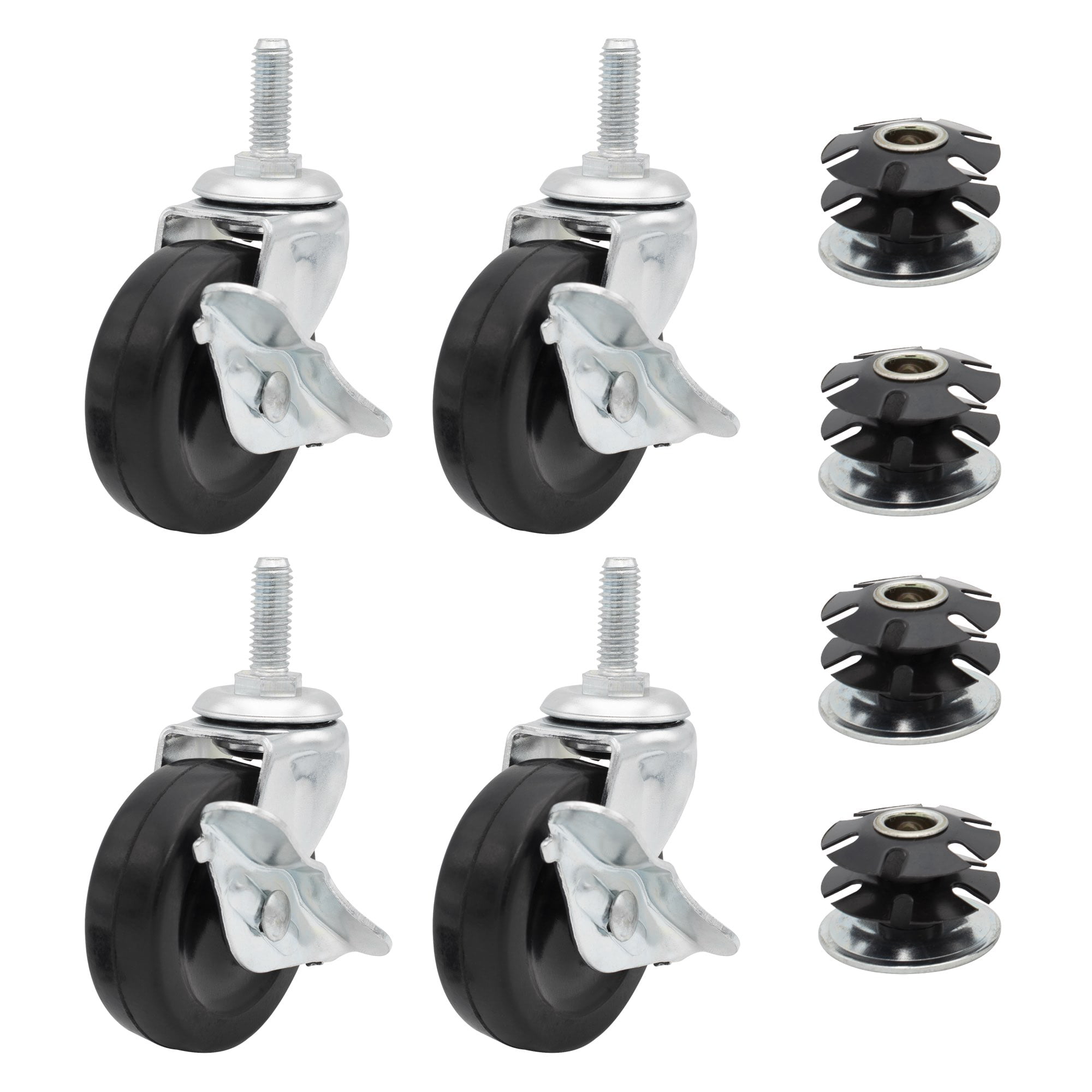 Unknown1 3/4 Round Double Star Caster Inserts 1-1/2 Gray Swivel Non Hooded Twin Wheel Furniture Casters 4 with Brakes 2 Black Nylon