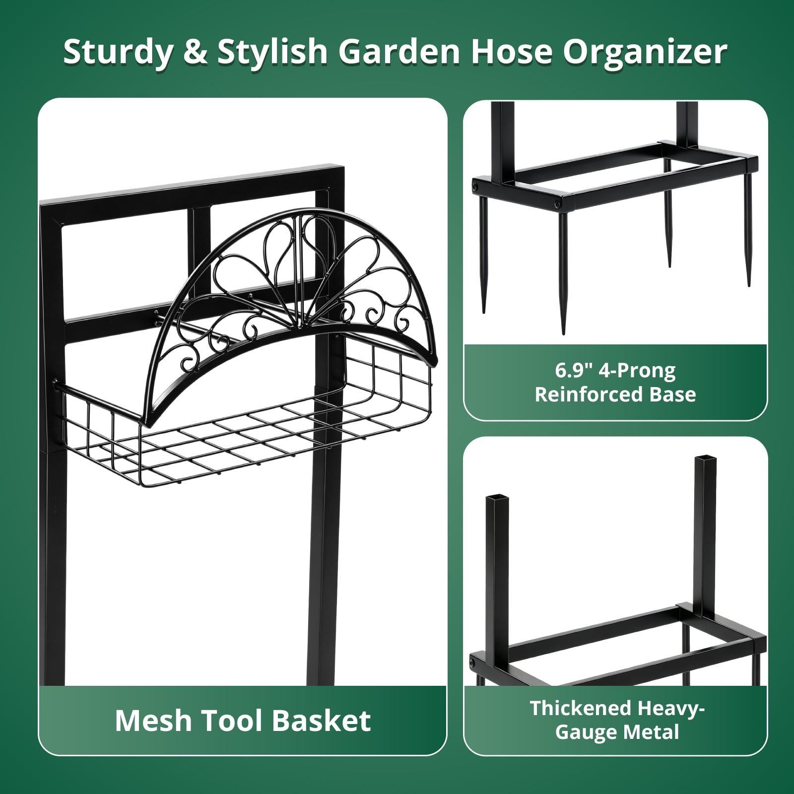 Heavy-Duty Freestanding Garden Hose Holder with Storage Basket