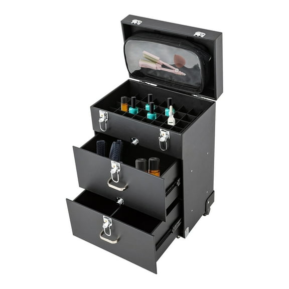 3 Trays Rolling Aluminum Makeup Train Case Salon Cosmetic Trolley Organizer Box Drawer Black