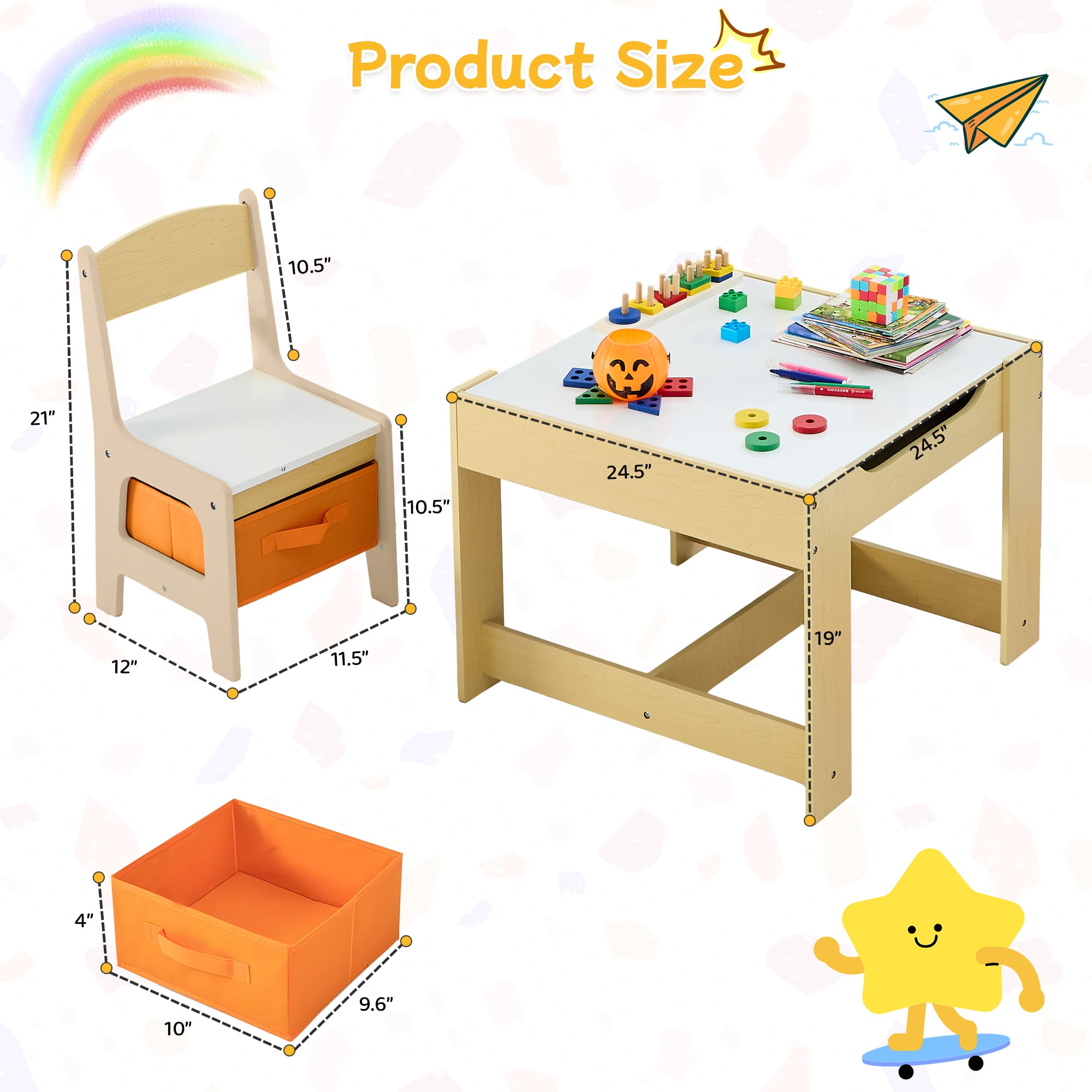 Kids Table and 2 Chair Set, 4 in 1 Wooden Toddler Table and Chair Set with Storage Drawer, Detachable Tabletop for Children Drawing/Reading/Art Craft, Home, Nursery, Playroom (Natural)