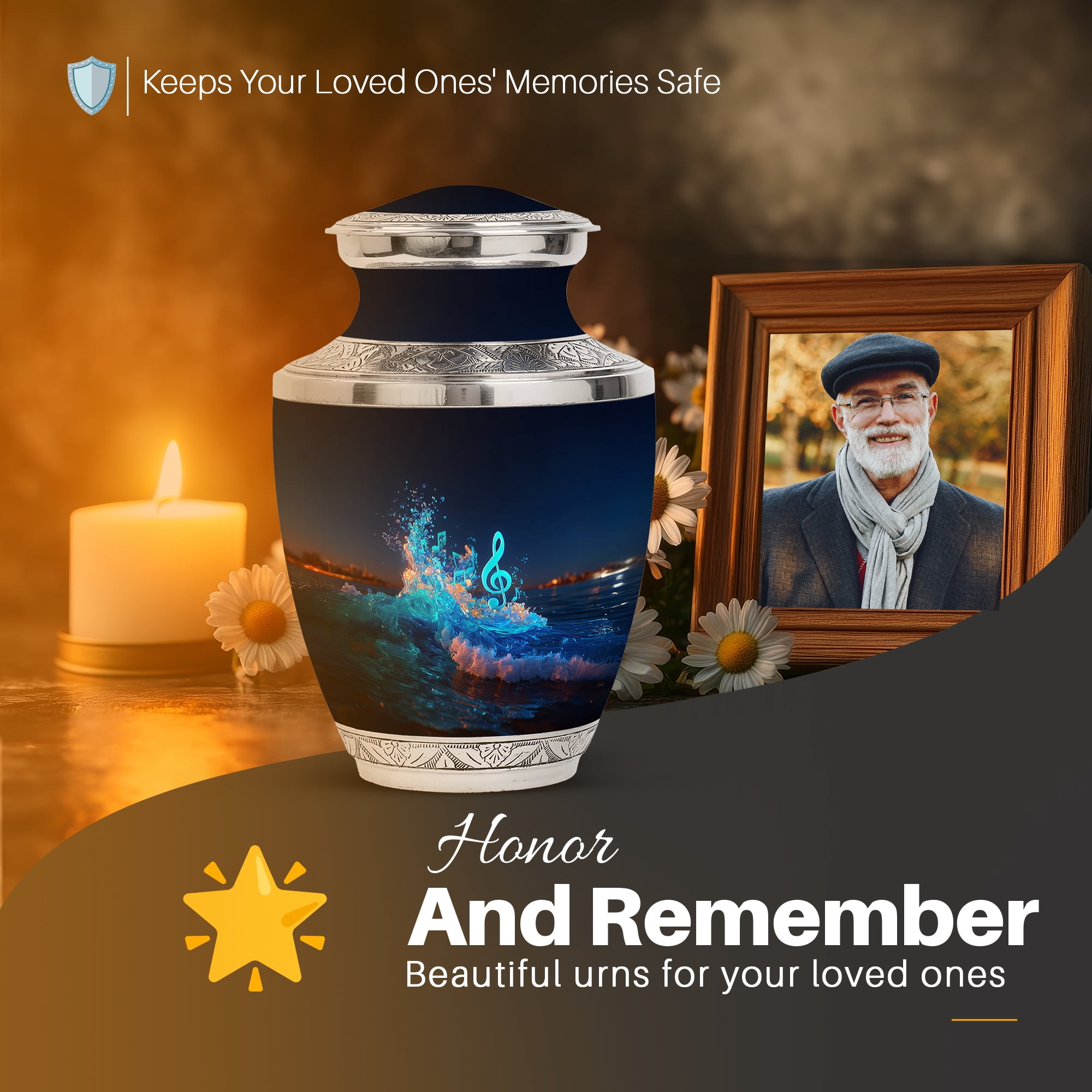 Yatskia Blue Music with Tree Mini Cremation Urns for Human Ashes Adult Male and Female, Large Cremation Urn for Ashes Adult Dad, (Tasty 10 Inch and 3 Inch)