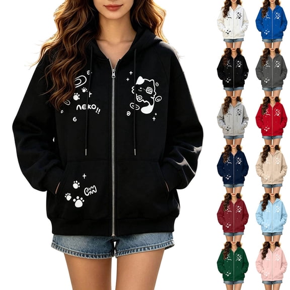 KHONTS Women's Y2k Zip up Cute Graphic Hoodies Casual Cartoon Harajuku Clothes Oversize Streetwear Jacket White XL