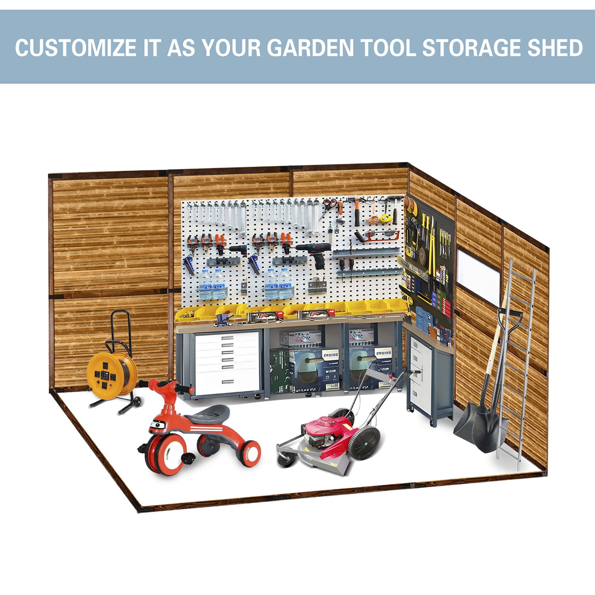 8 ft. W x 10 ft. D Outdoor Iron & Solid Wood Tool Storage Shed with Two Doors and Windows