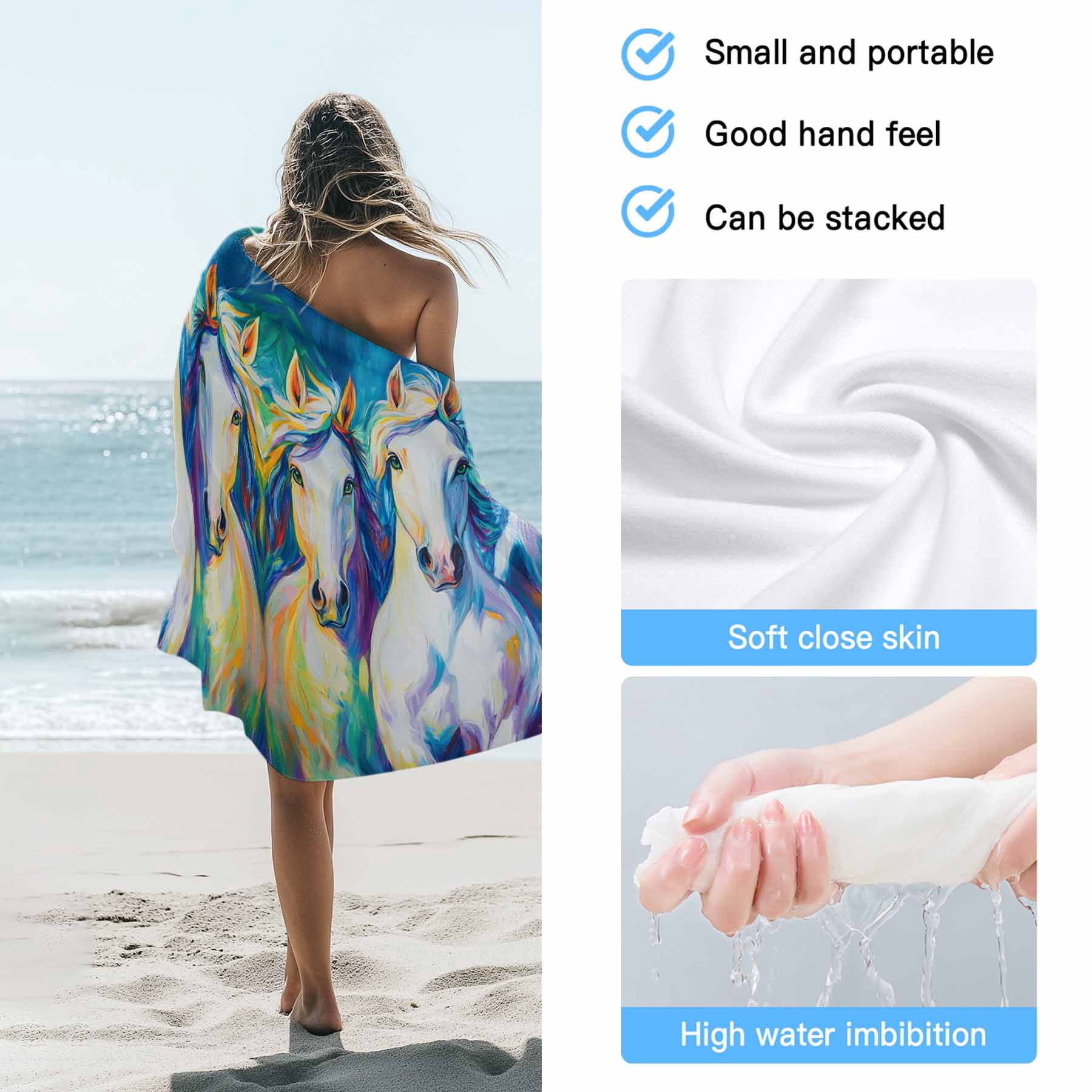 Watercolor Horse Pattern Beach Towels Blanket Soft&Absorbent Quick Dry Microfiber White Blue Turquoise Green Pool Towels for Swimming ,Yoga, Sports, Gym, Camping,Large 30X60in,