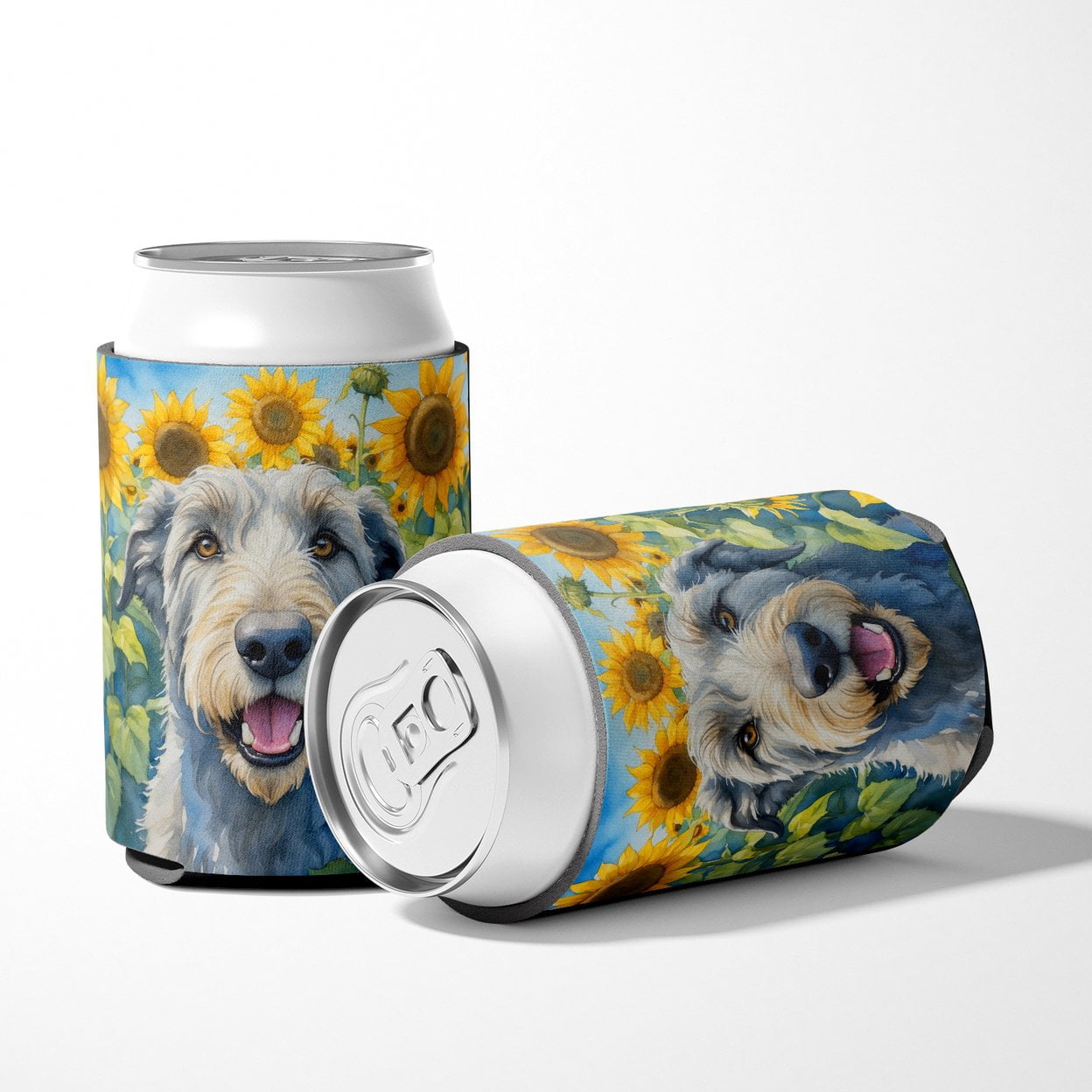 Irish Wolfhound in Sunflowers Can or Bottle Hugger 3 in x 5 in