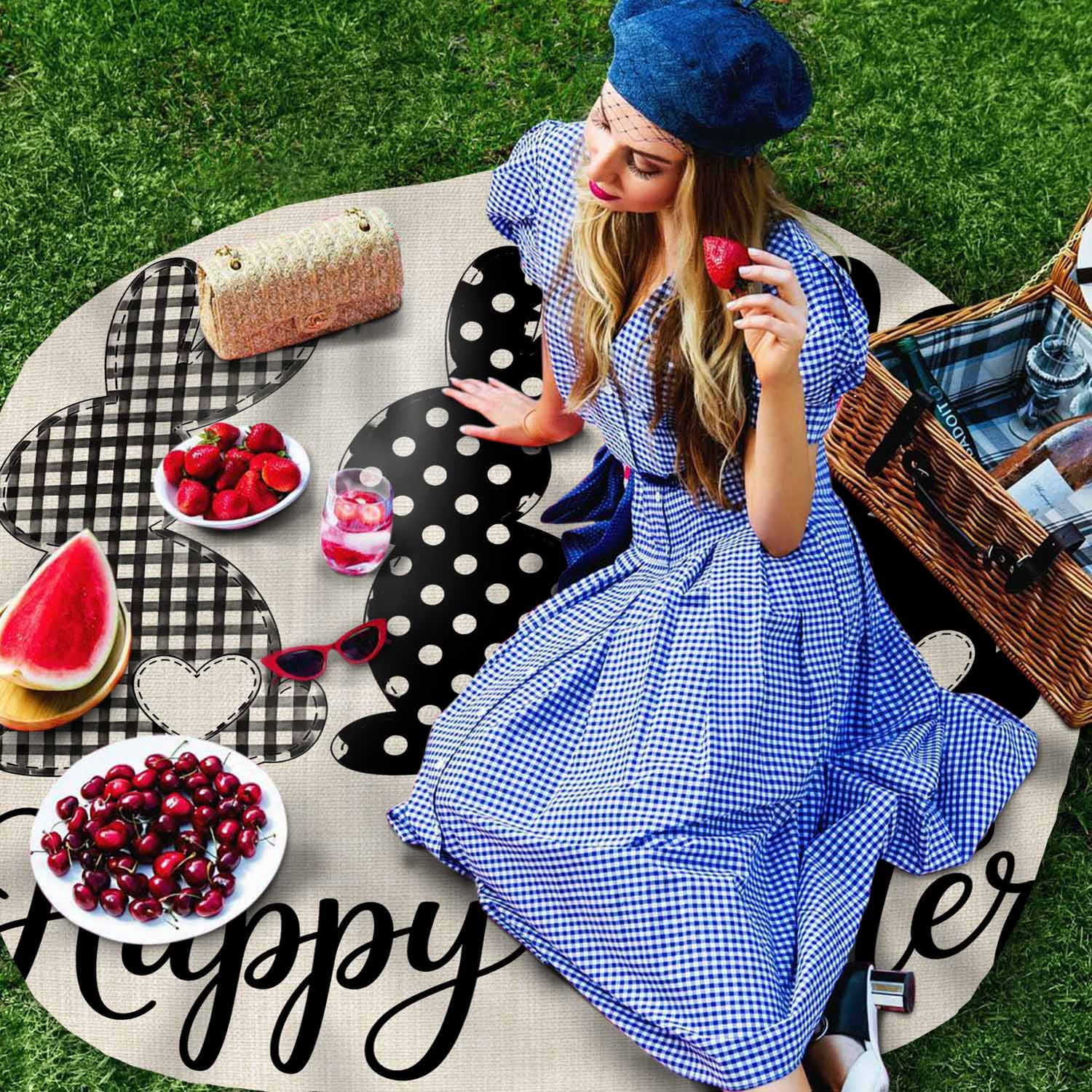 Round Tablecloth Happy Easter Waterproof Oil Proof Polyester Table Cloth Cover Decor for Home Dining Outdoor,Patio,Parties, 54" Dia. Easter Bunny Tails Beige