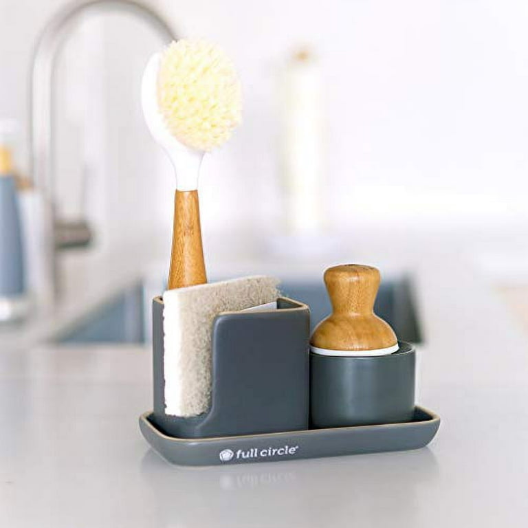 Bubble Up Ceramic Soap Dispenser & Bamboo Dish Brush, White/Gray 