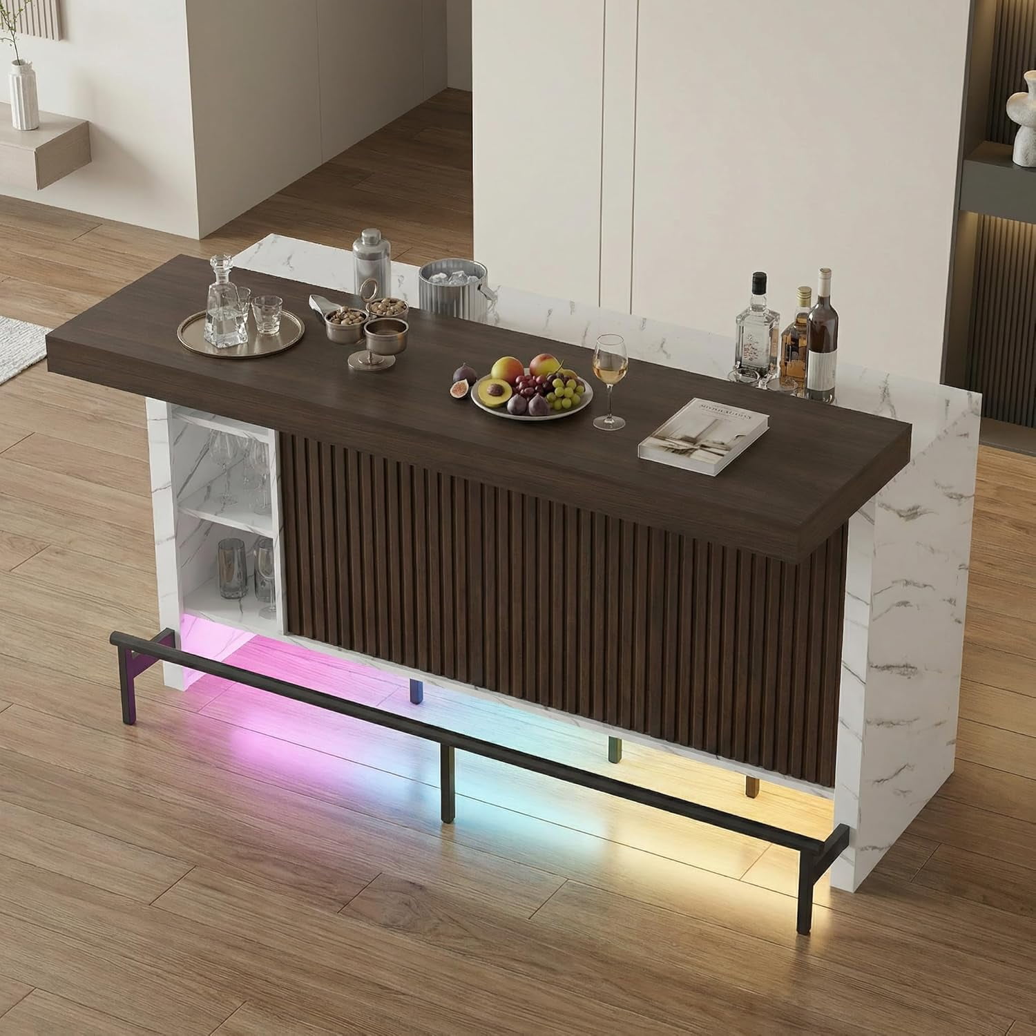 Advwin 62" Home Bar Cabinet with Sliding Top, LED Lights & Footrest, Modern Marble Bar Island with Adjustable Shelves & Glass Holders, Large Bar Unit Bar Table for Living Room, Kitchen, Home Pub