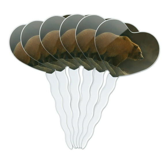 Grizzly Bear in the Morning Glow Heart Love Cupcake Picks Toppers Decoration Set of 6