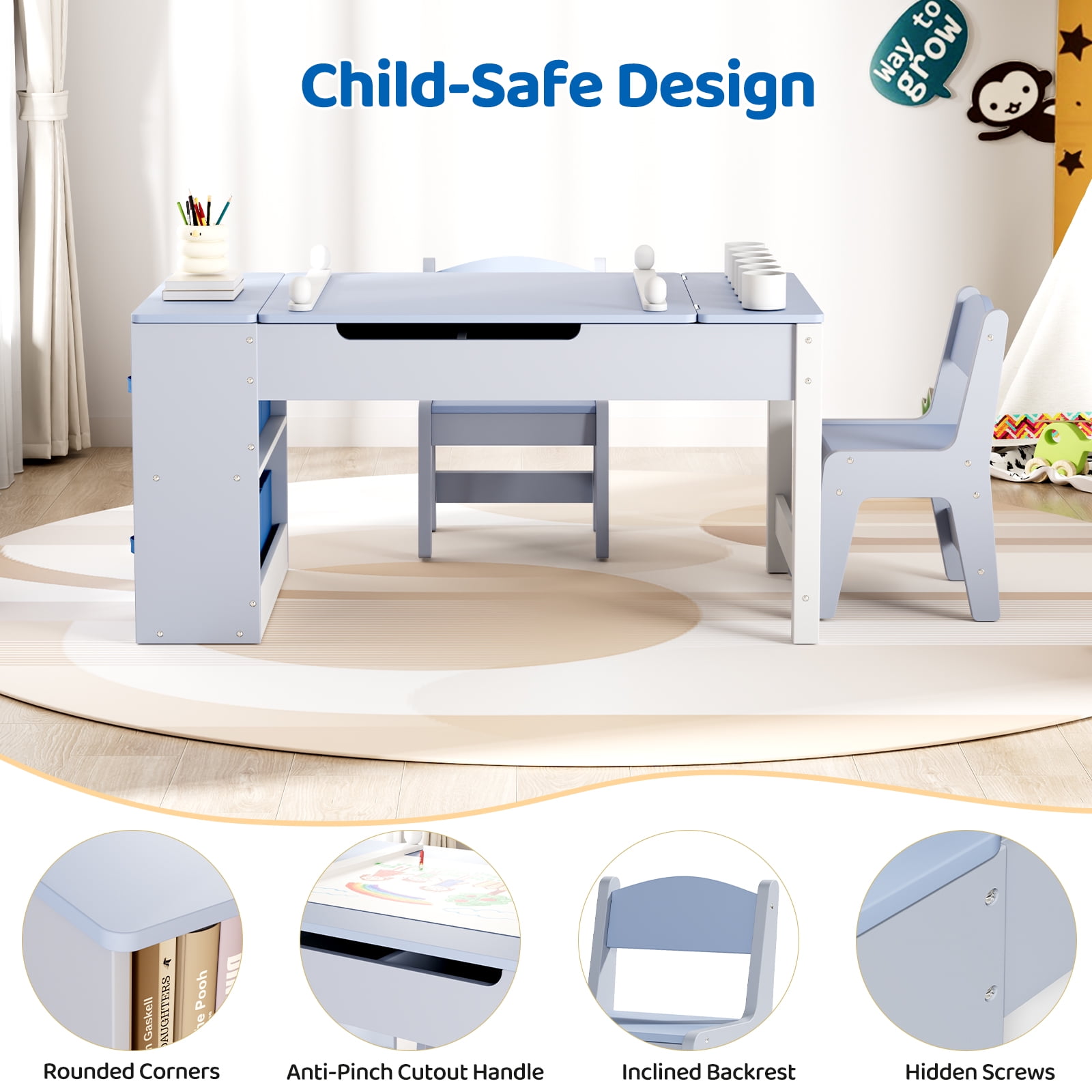 Arlopu 3 in 1 Kids Drawing Table & Chair Set Wooden Activity Craft Table with Art Easel Adjustable Tilt, 6 Storage Bins, 6 Paint Cup