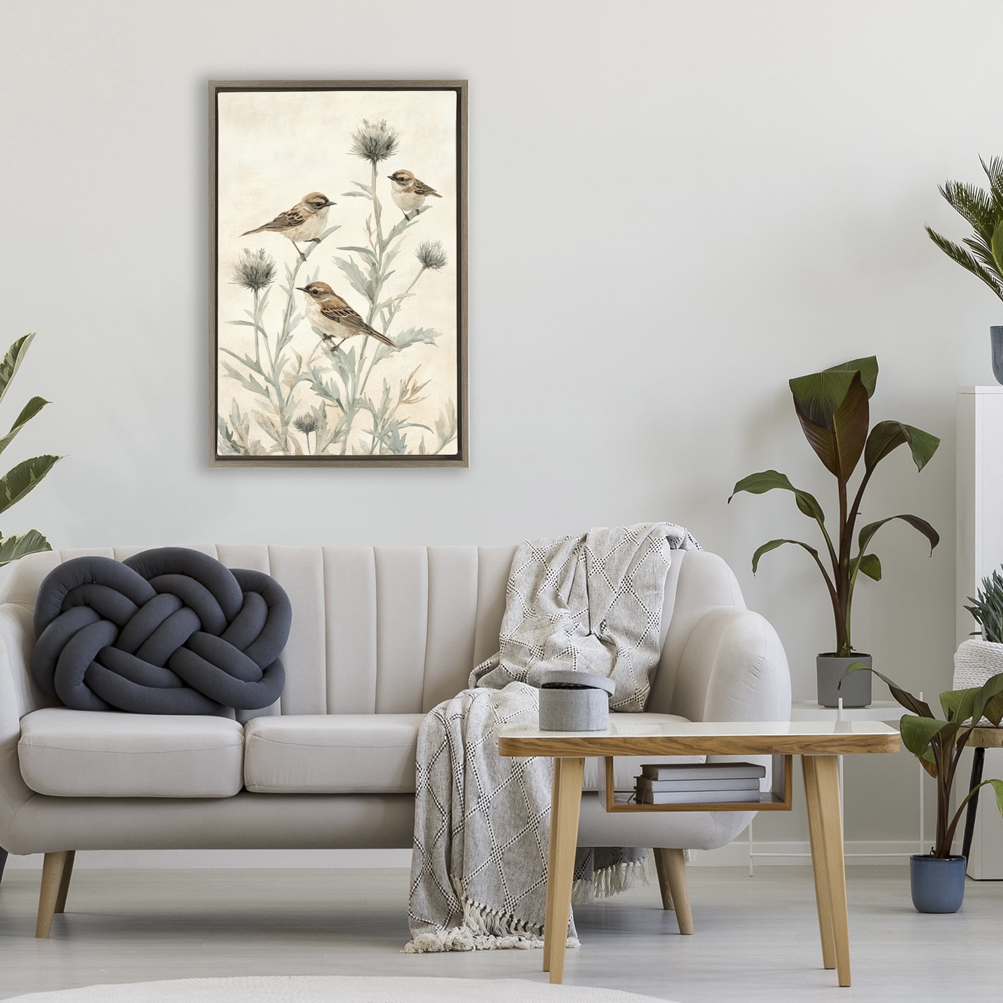 Stupell Industries Sparrows on Thistle Stems Brown Framed Floater Canvas Wall Art, design by Petal Prints Design