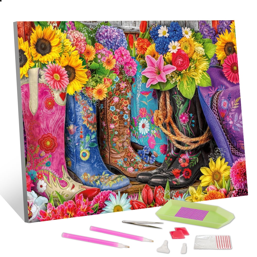 TISHIRON Diamond Painting Kits,12x16 inch 5D DIY Flowers and Boots