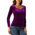 thumbnail image 4 of INSPIRE CHIC Velvet Tops for Women's Sweetheart Neck Elegant Long Sleeves T-Shirt XS Purple Red, 4 of 6