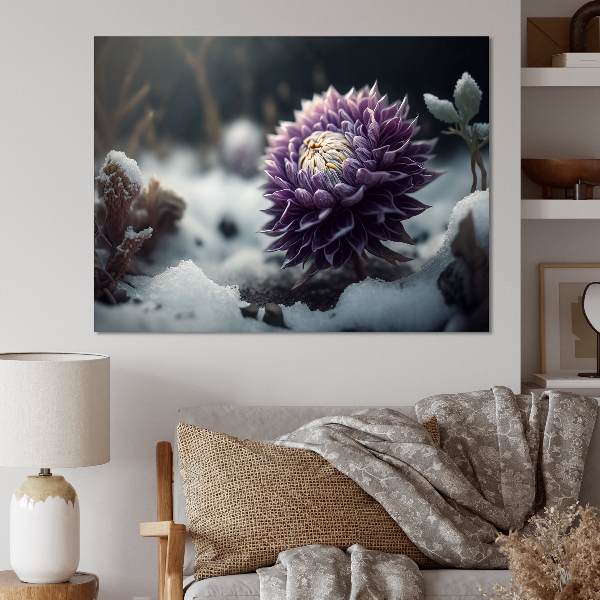 Designart A Blooming Purple Dahlia Flower In Winter I Canvas Wall Art