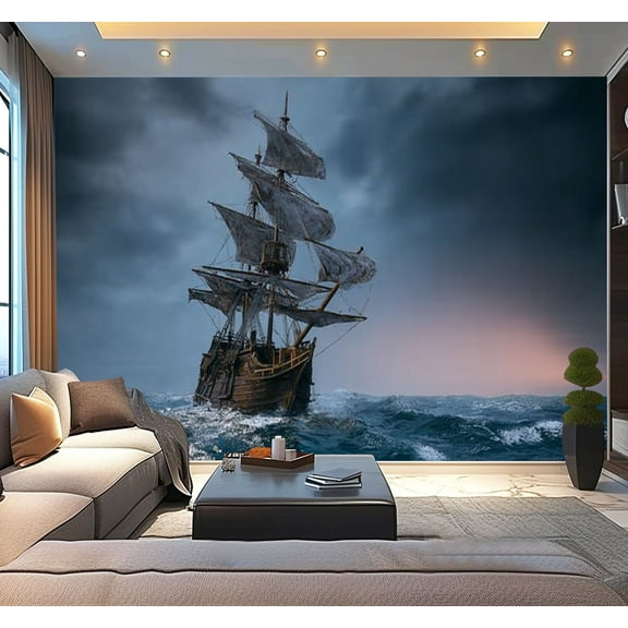 Peel and Stick Wallpaper Waterproof pirate ship sailing sea 3D render Wall Mural Decor Self Adhesive and Removable 100in x 144in