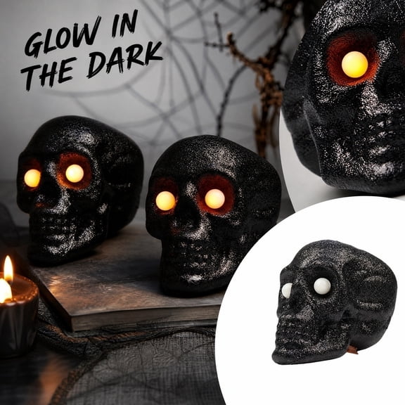 Yashow Black Glowing Skull Decor 4.72 Inch, Realistic Light Up Halloween Prop for House Party, Spooky Indoor Outdoor Tabletop Ornament, Creepy Festival Decoration