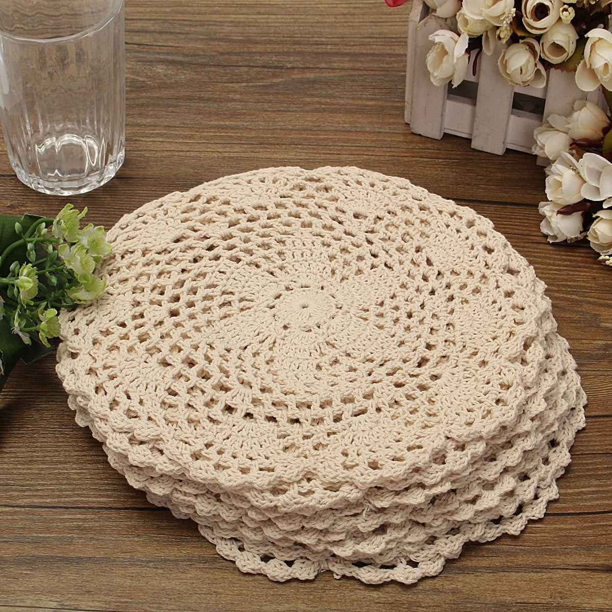 Vintage Style Floral Hand Crochet Cotton Beige Doily NEW 