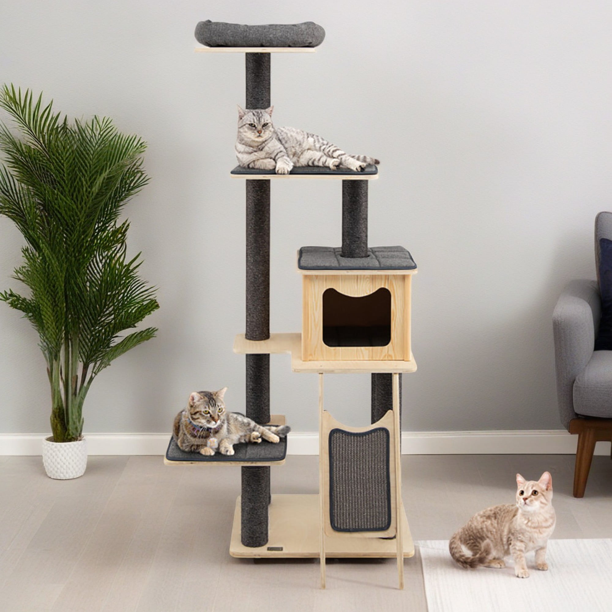 resenkos 69" Large Wooden Cat Tree Tower with Wood Cat Condos, Large Perch and Totally Wrapped Sisal Posts, Modern Cat Tree House, Gray
