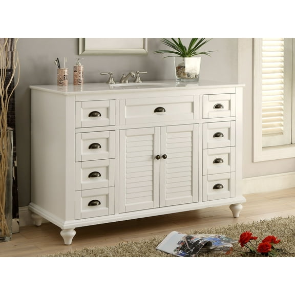 Benton Collection 49" Seaside Cottage White Bathroom Vanity with White Marble Top