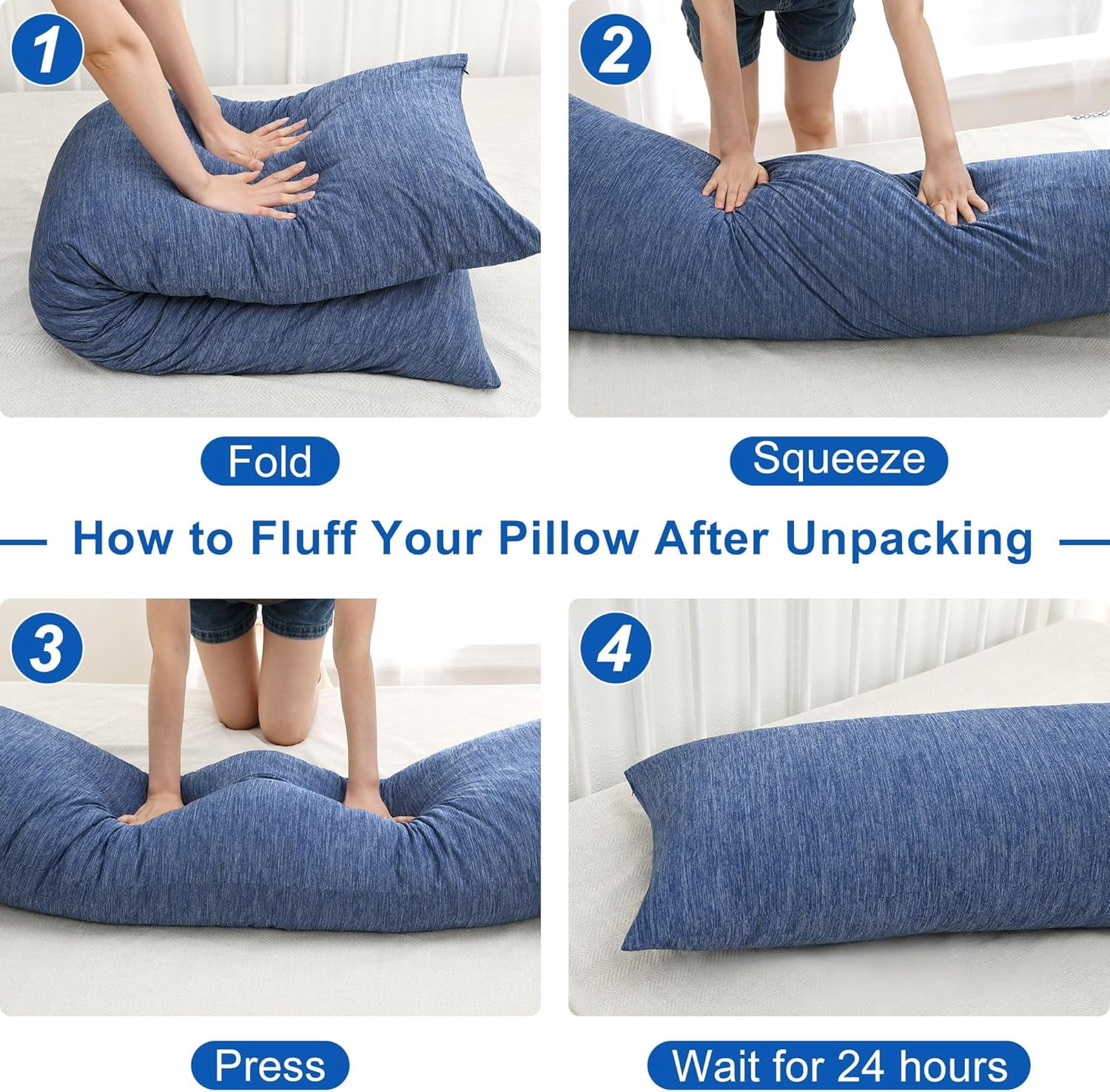 XWZO Long Bed Pillow 1 Piece, Soft & Fluffy Cooling Body Pillow for Side Sleepers, Breathable Shredded Memory Foam Pillow for Summer, 20 x 60 Inches, Blue