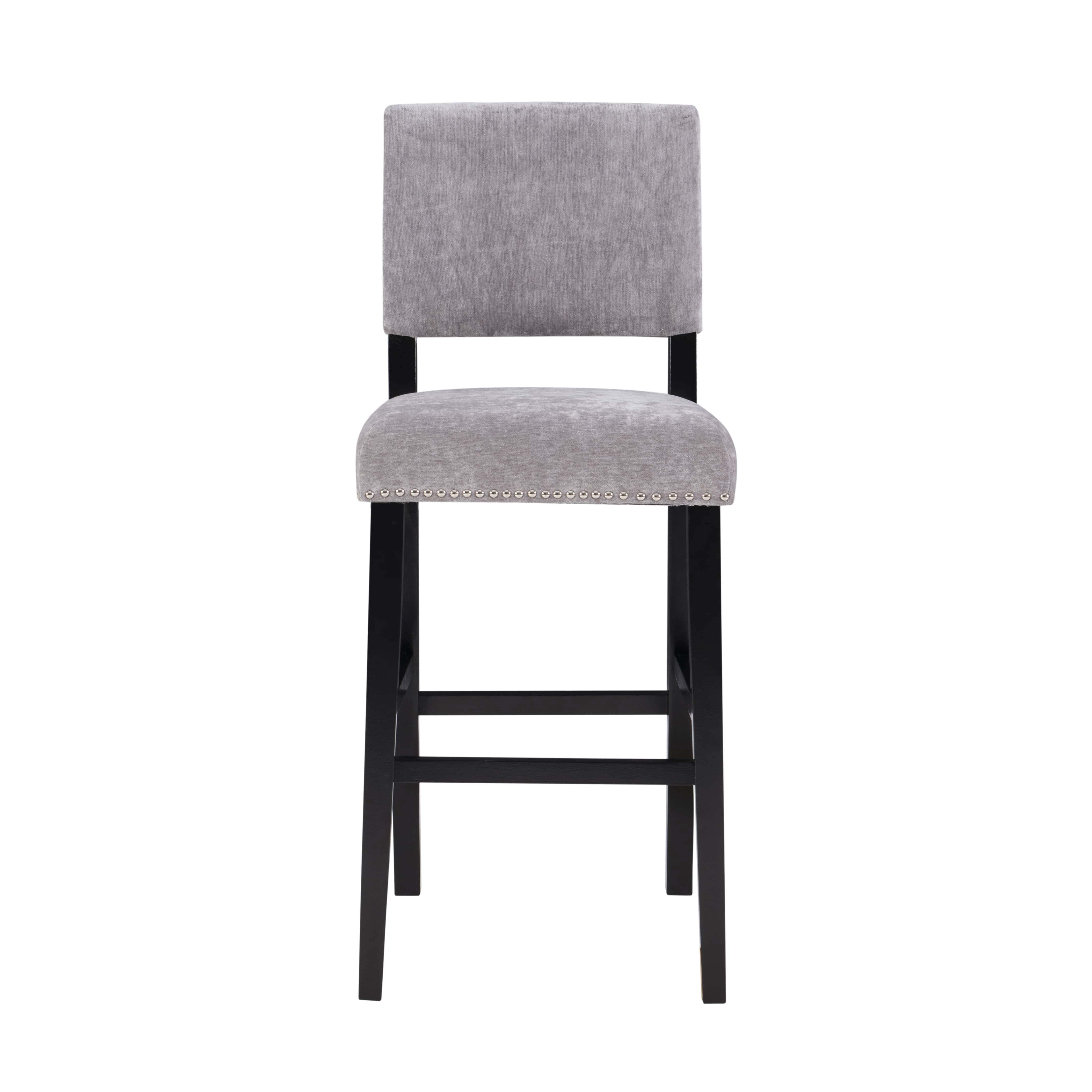 Linon Armond Upholstered Bar Stool, 30" Seat Height, Black Finish with Washed Velvet Dark Gray Fabric
