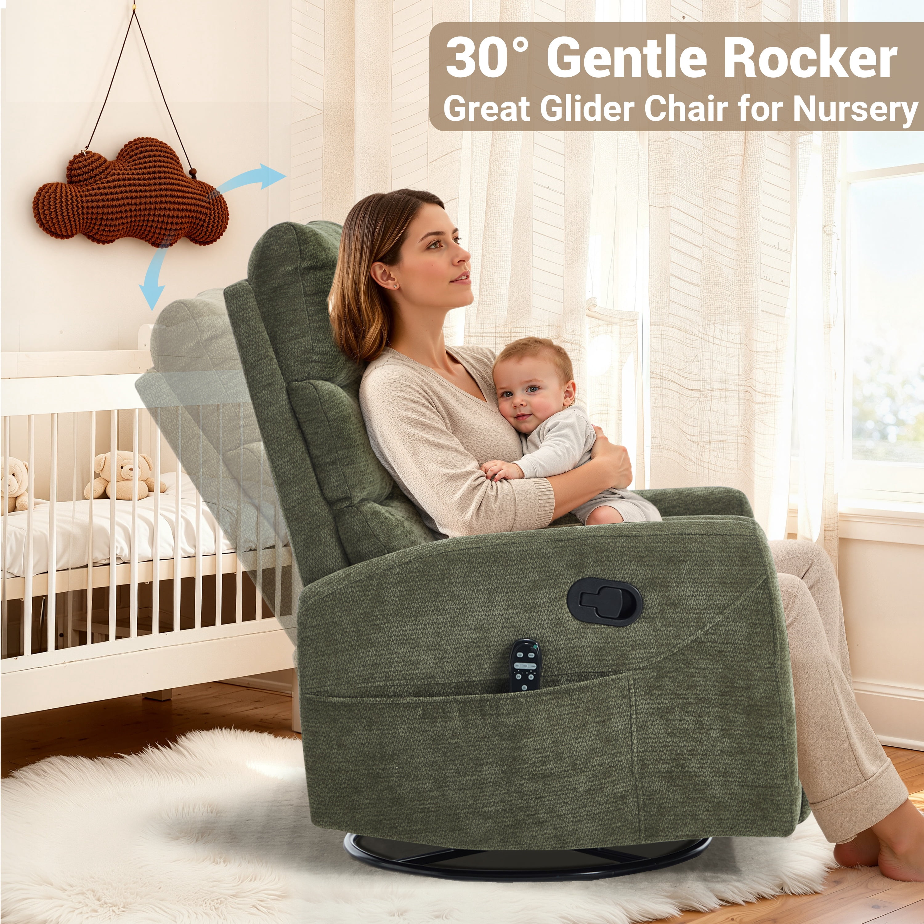 PAPROOS Rocker Recliner with Heat and Massage, Fabric 360°Swivel Rocker Recliner, Glider Rocking Chair for Nursery, Small Manual Recliner with Side Pocket for Home Theater Living Room, Green