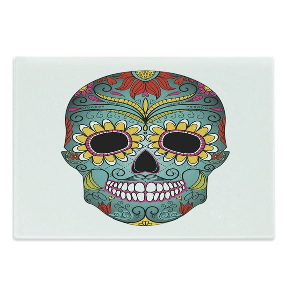Sugar Skull Cutting Board, Folk Art Elements Featured Skull Day of the Dead Celebration Concept Print, Decorative Tempered Glass Cutting and Serving Board, Large Size, Multicolor, by Ambesonne