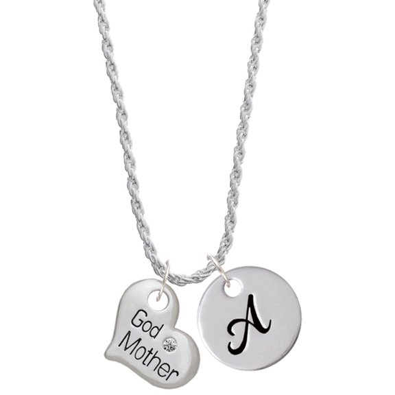 Delight Jewelry Silvertone Large ''Godmother'' Heart with Clear Crystal Silvertone Script Initial Disc - A - Charm Necklace, 20" 3"