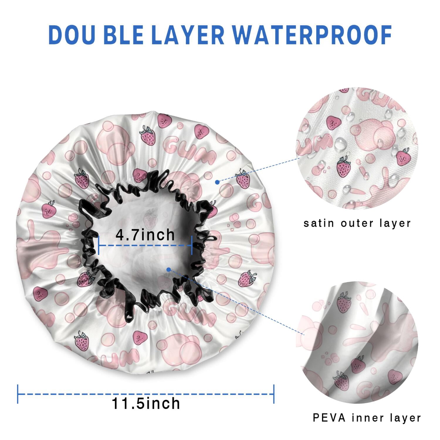 Shower Caps,Red Strawberry Plants Gum White Pattern Waterproof Shower Cap for Women 4 Pieces,Double Reusable Hair Cover for Shower PEVA Elastic Stretch Hem