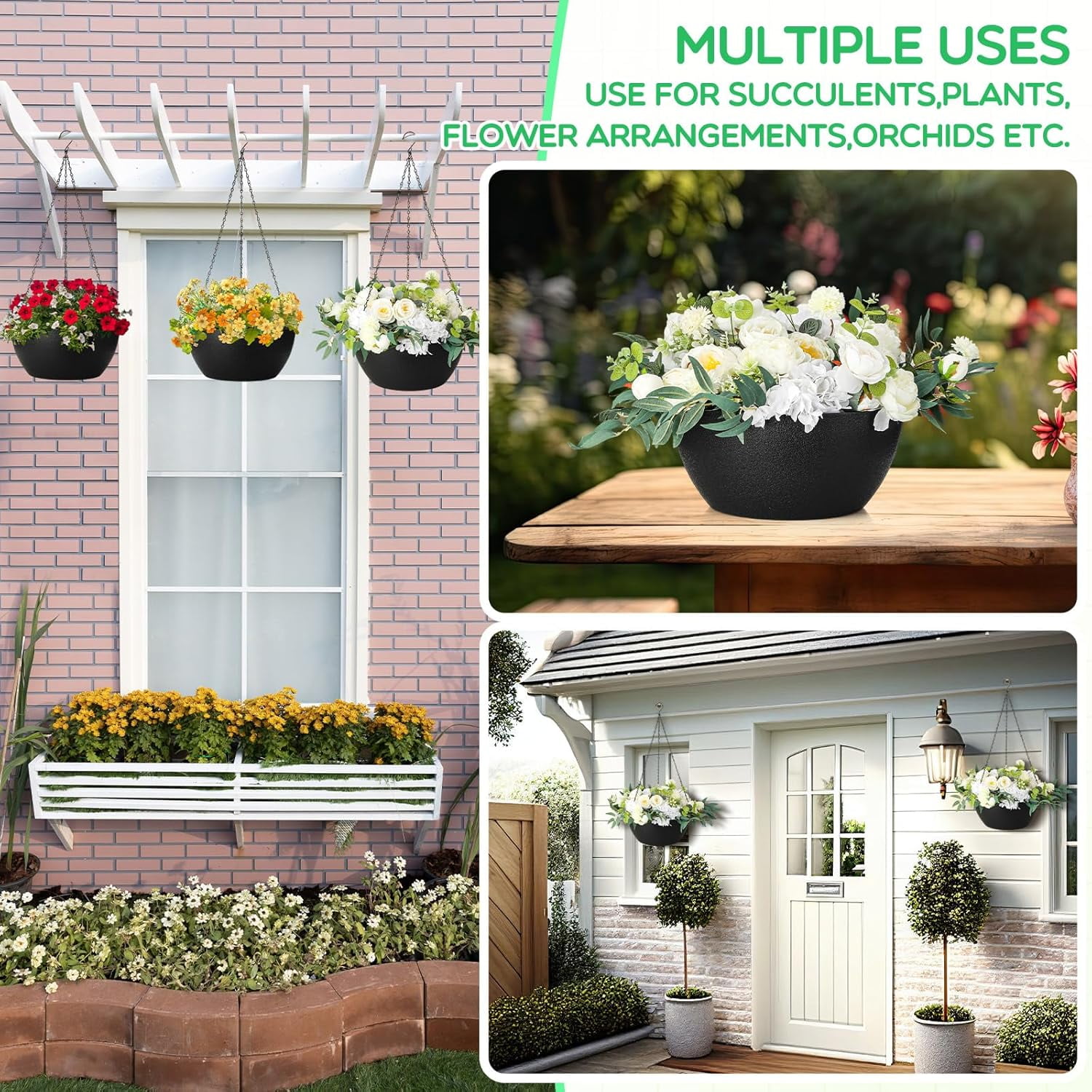 KitchenKey 4 Pack 13 Inch Large Hanging Planters Indoor Outdoor Flower Pots, Plant Containers with Drainage Hole Round Hanging Plant Pot for Home Garden Porch Balcony Patio Decor(Black)