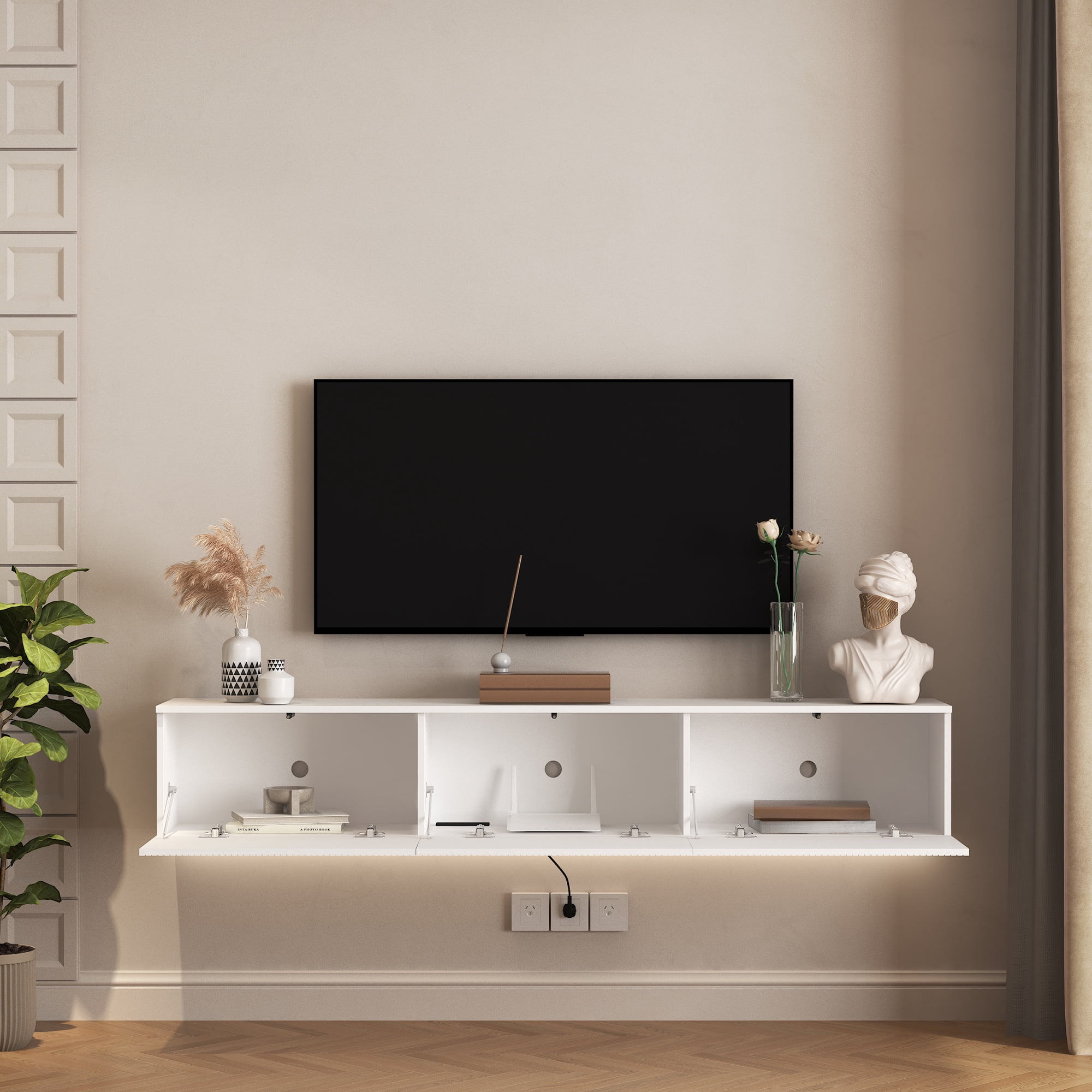 Yoneston Wall Mounted Floating TV Stand wih LED for 55/60/65inch TV, 69" Modern TV Stand with Drawer, High Gloss Entertainment Center for Living Room, White