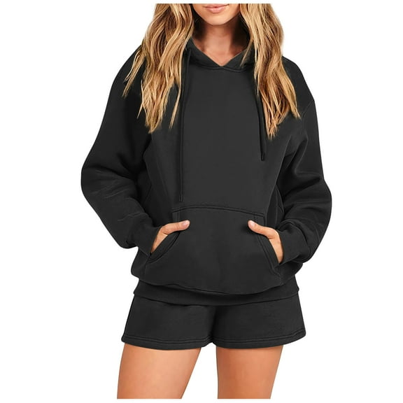 Christmas Deals! Borniu 2 Piece Outfits for Women, Pullover Tracksuit Long Sleeved Hoodies Drawstring Sweatshirt Fashion Shorts Set Clearance
