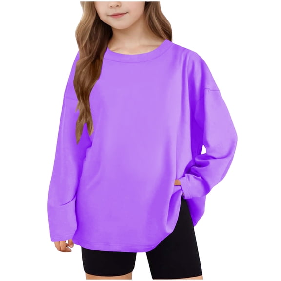 SERTG Boys Girls Long Sleeve Pullover Hoodless Solid Color Casual Loose Kids Spring Fall Outdoor Top Sweatshirt(Purple#2,8 Years)