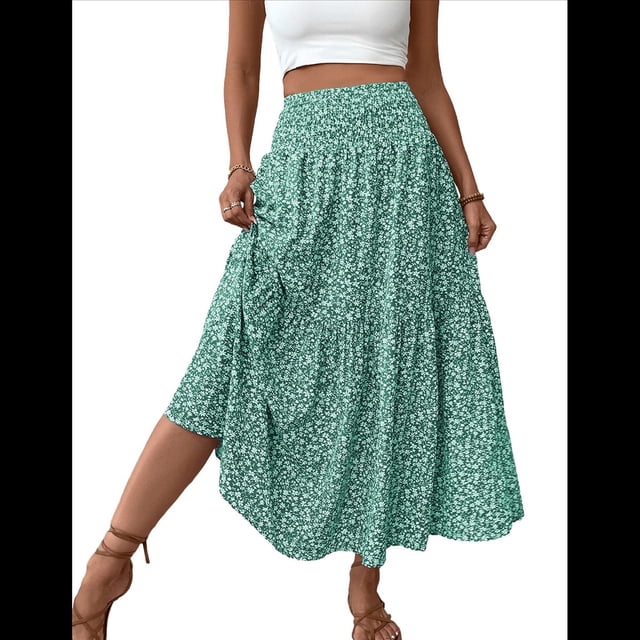 Falda Midi de Cintura Alta Elástica para Mujer, Informal, de Verano, , con Volantes, Estampado Floral, Corte A. Flores L