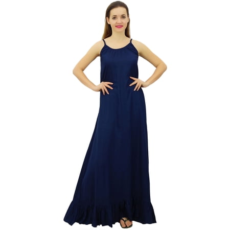 Bimba Women Rayon Night Gown Blue Full Length Long Maxi Spaghetti Strap Sleep Dress-12