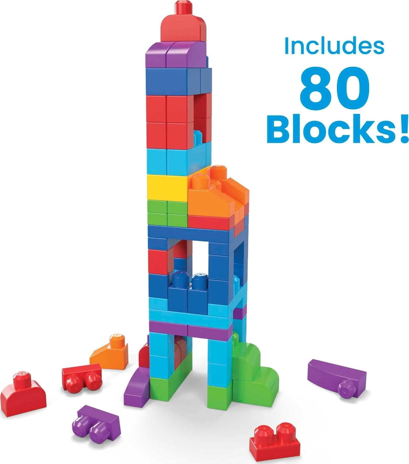 MEGA BLOKS Fisher-Price Toddler Block Toys, Big Building Bag with 80 Pieces and Storage Bag