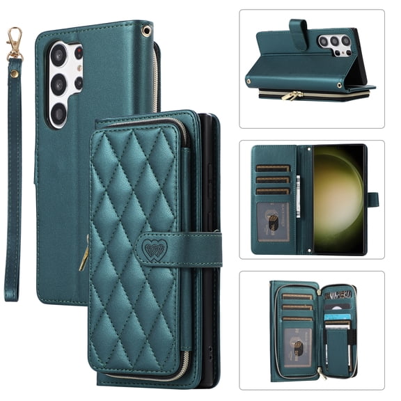 TECH CIRCLE Wallet Case For Samsung Galaxy S21 FE,PU Leather Magnetic Flip Folio Purse Case with Card Slots Holder Shoulder Strap Wristlet Girl Women Case for Samsung Galaxy S21 FE 6.4" 2022,Darkgreen