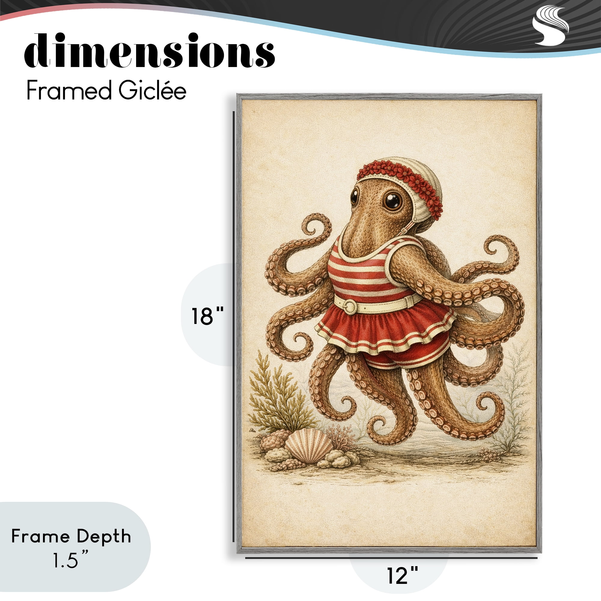 Stupell Industries Octopus of Maritime Bathing Society Gray Framed Giclee Art, design by Grotto Studios
