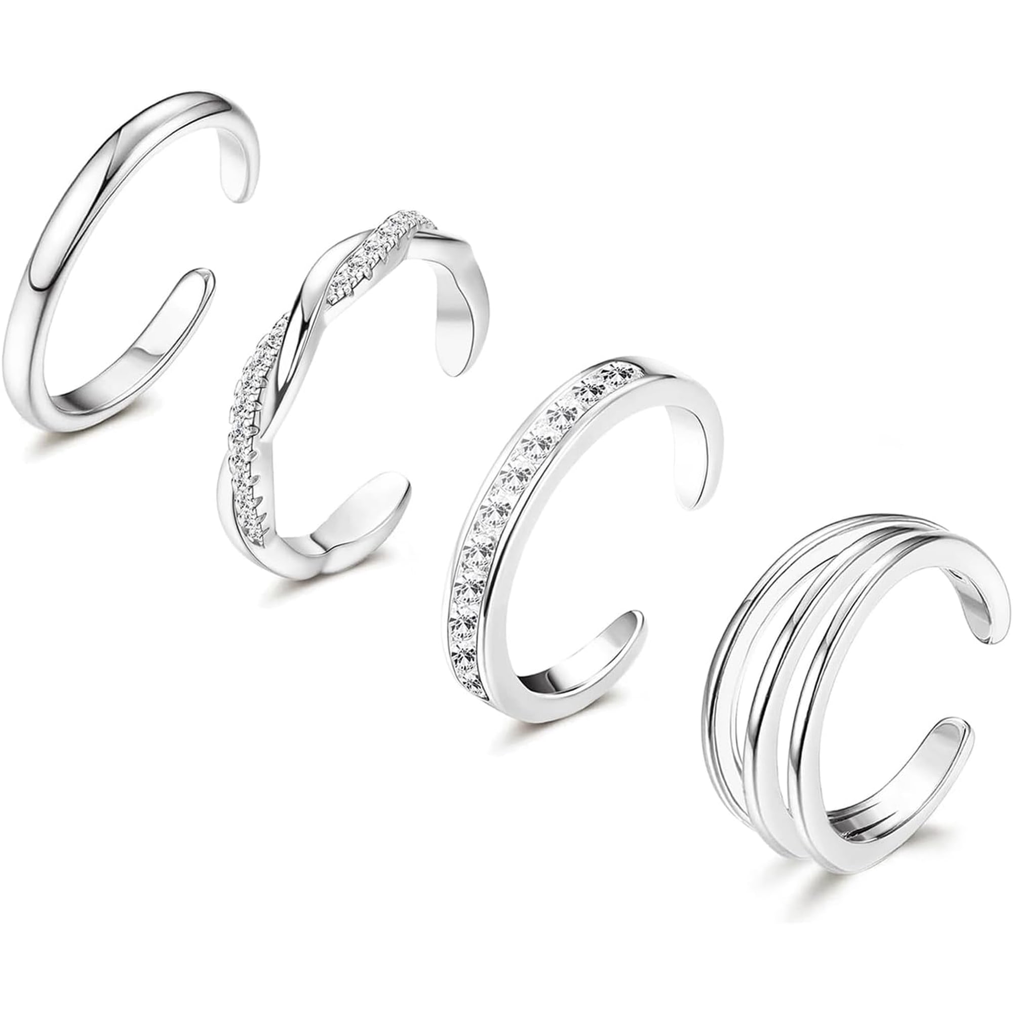 DESIGNICE 4Pcs 14K Gold Plated Toe Rings,White Gold Plated Toe Rings for Women Hug Cz Triple Twist Simple Band Open Toe Rings Beach Foot Jewelry Adjustable