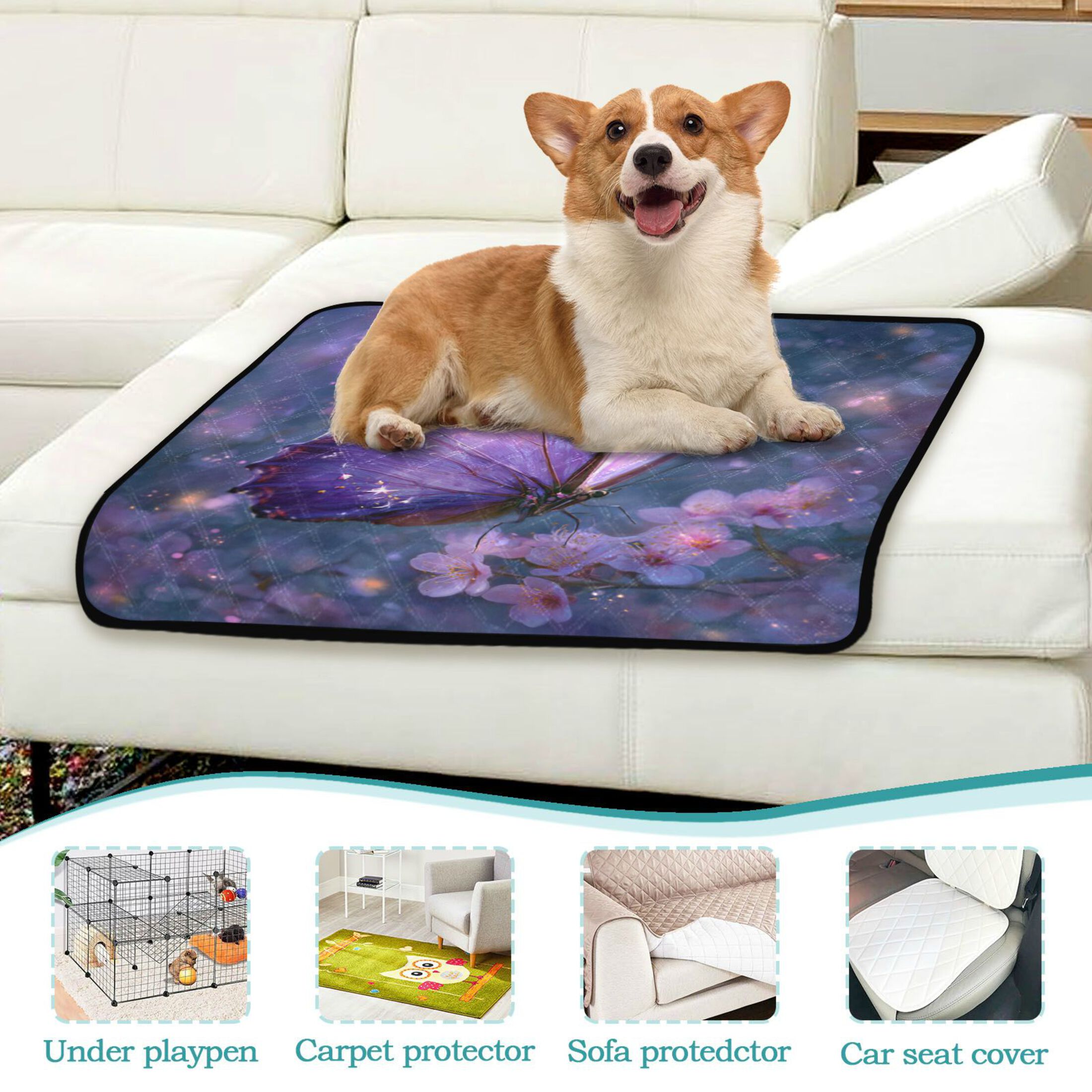 Qxltty Sakura Purple Butterfly Cat litter Pads Pet Set of 3 Diaper Mats Center Anti-leakage Layer Absorbent Soft and Comfortable