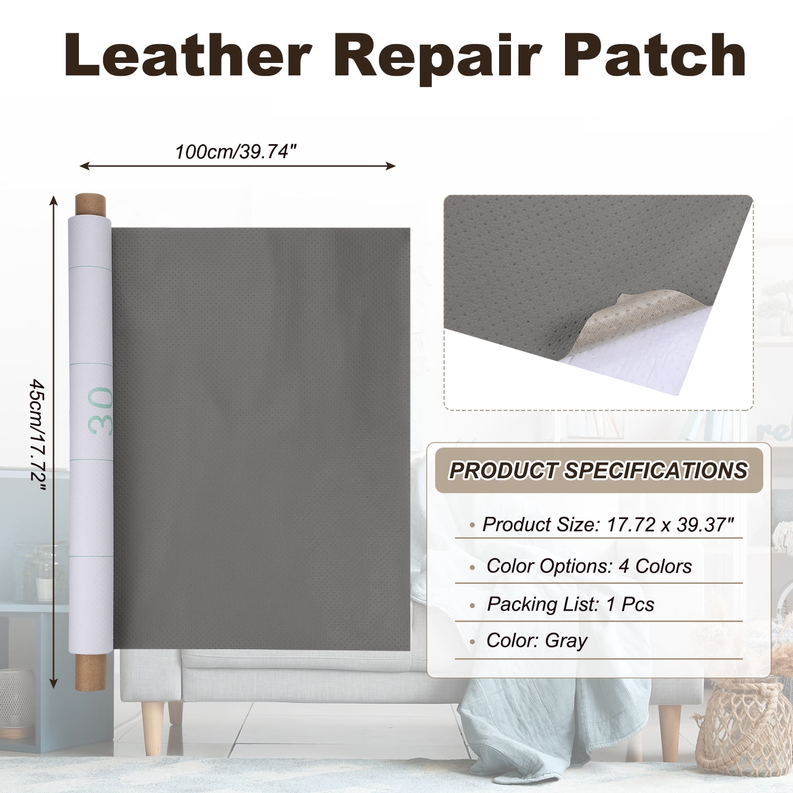 Uxcell 17.72 x 39.37 inch Leather Repair Patch, Breathable Perforated Self Adhesive Repair Patch for Furniture Couch Car Seats Sofa Repair 1Pcs (Gray)