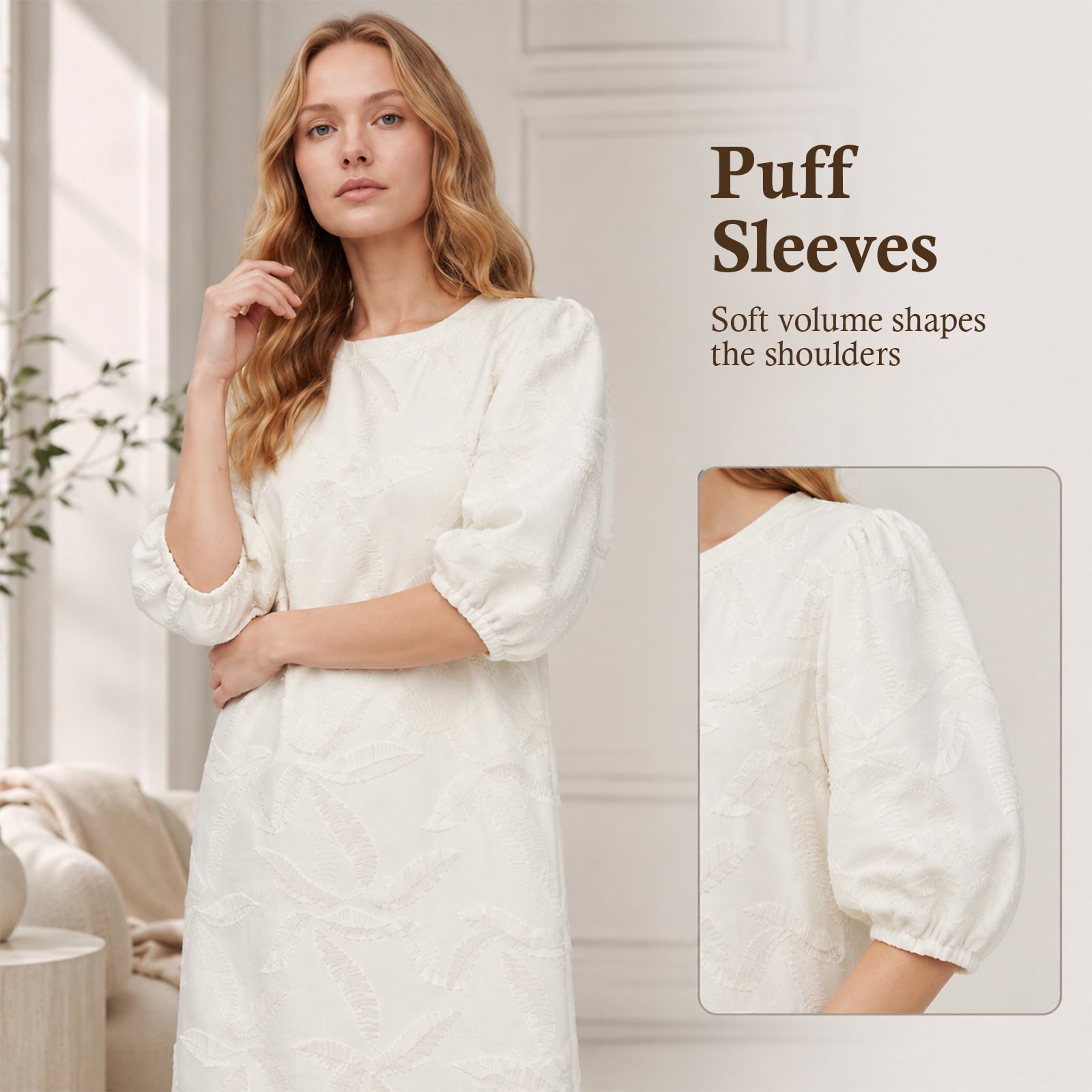 Alvantor Women's Puff Sleeve Jacquard Shift Dress, White