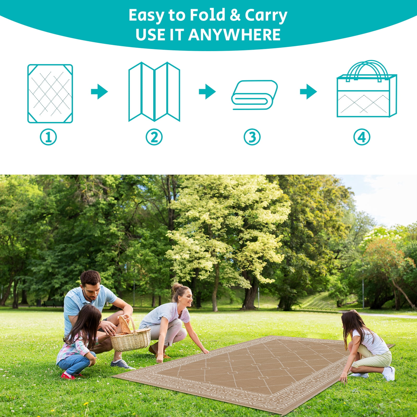 Enyhom Outdoor Rug Waterproof 9'x12', Reversible Plastic Straw Rug RV Camping Rug,Outside Carpet for Porch,Deck,Camper,Balcony,Backyard,Picnic，Beige