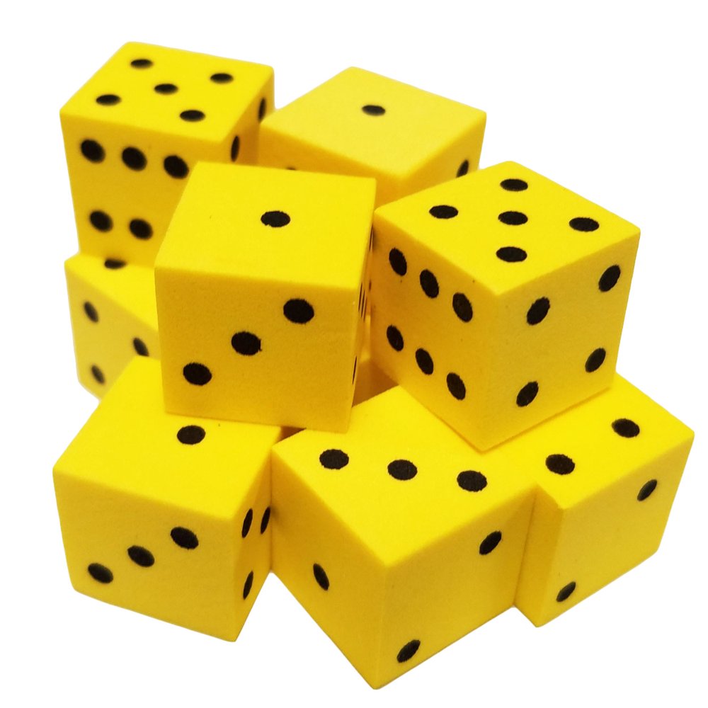 Set of 10 Yellow Foam Dice 6 Sided Black Spots 16mm Square Corner in Snow Organza Bag Walmart