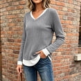 thumbnail image 4 of Women's Casual 2 in 1 Pullover Long Sleeve Layered Shirts V Neck Solid Color Blouse Fall Fashion Outfits, 4 of 9
