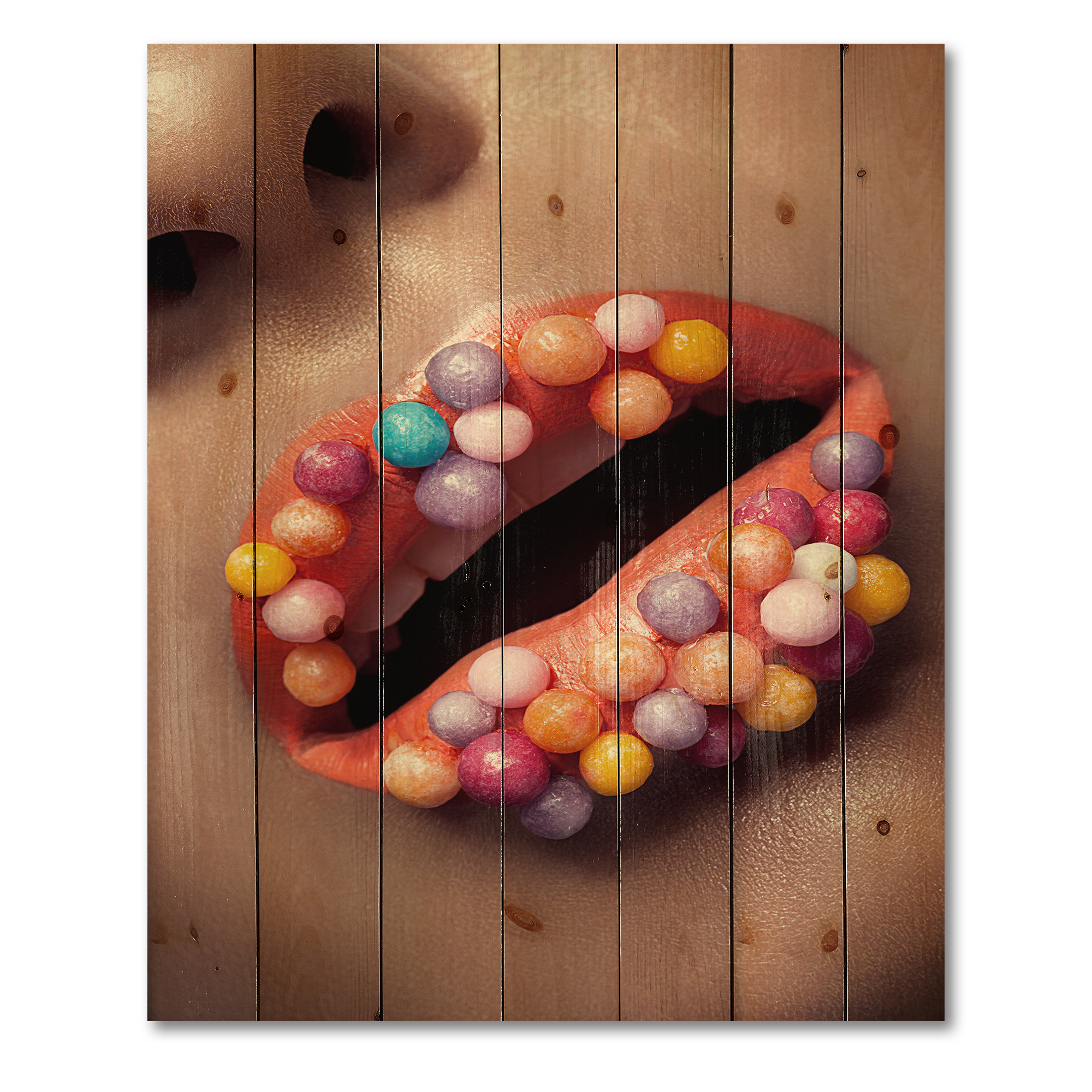Designart 'Close Up of Creative Make Up On Woman Lips With Lolipops' Modern Print on Natural Pine Wood