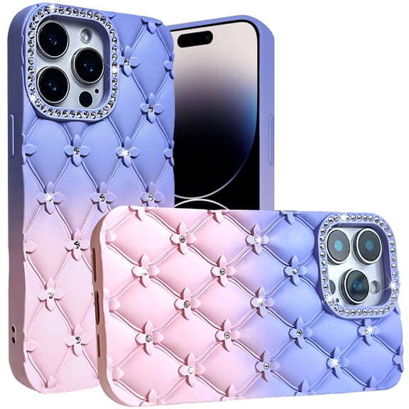 Designed for Apple iPhone 12 Pro Max (6.7") Fashion Flower Design Sparkle Glitter Shimmer Rhinestone Bling Leather Feel Thick TPU Rubber Hard PC Phone Case Cover - Light Blue /Light Pink