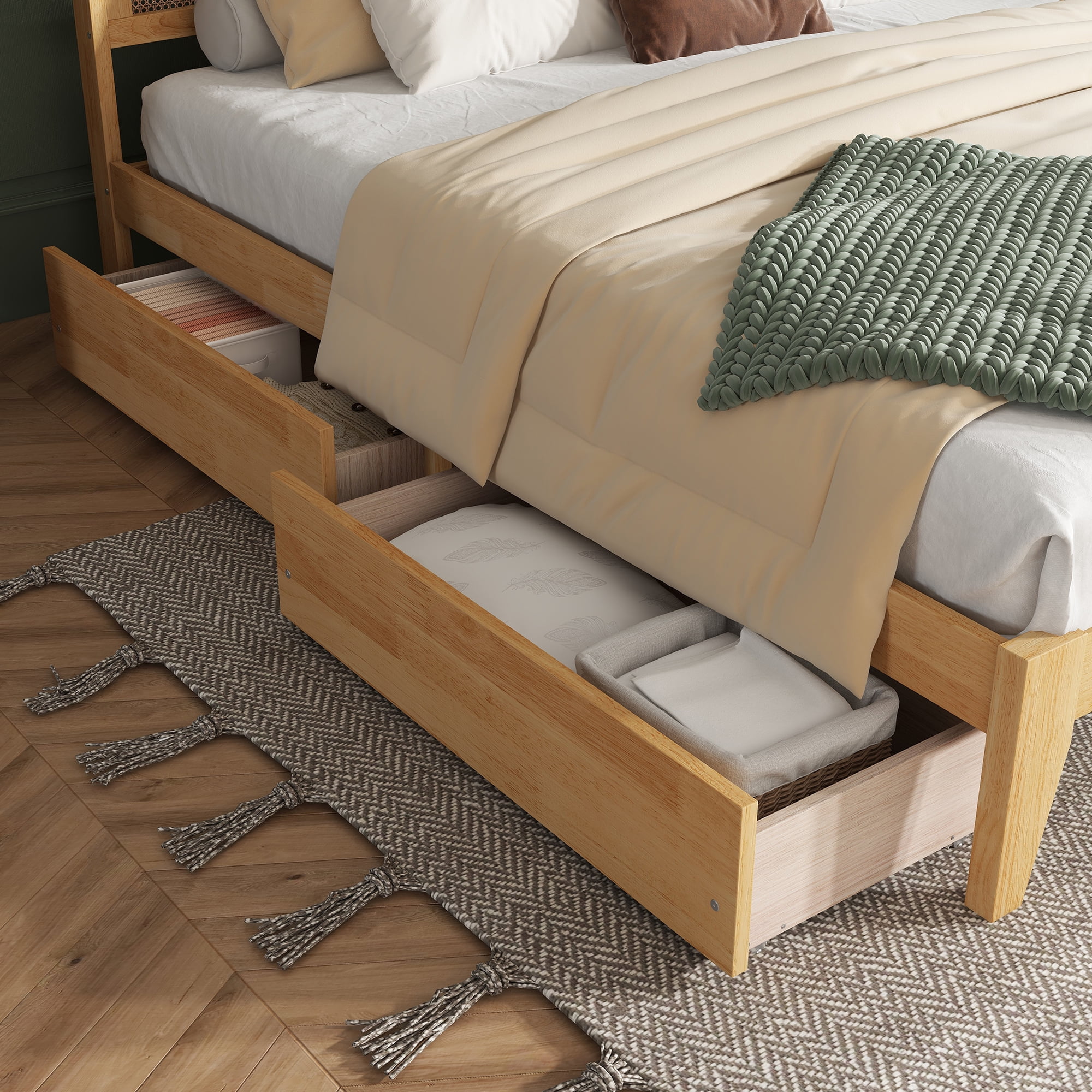 Leumius King Size Bed Frame with Rattan Headboard, Two Storage Drawers, Rubber Wood Bed with Enhanced Support Slats and Feet for Teens and Adults Oak